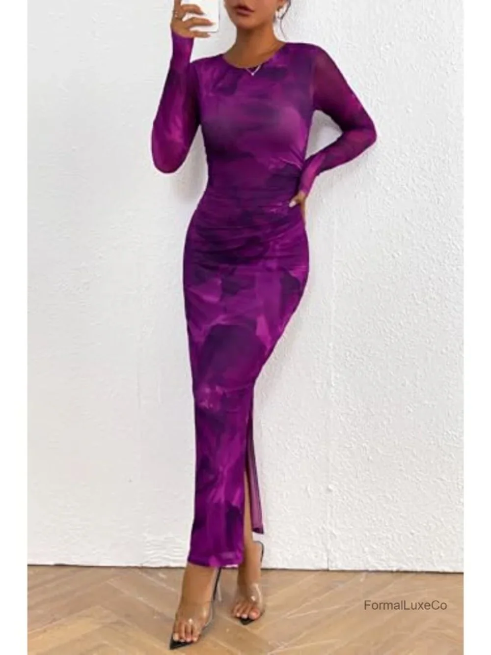 PRETTYGARDEN Floral Bodycon Maxi Dress Long Sleeve Mesh